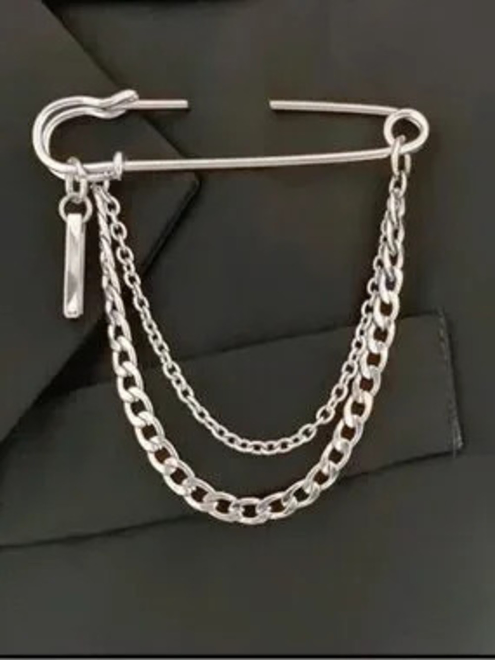 Silver-Tone Double Chain Safety Pin Brooch